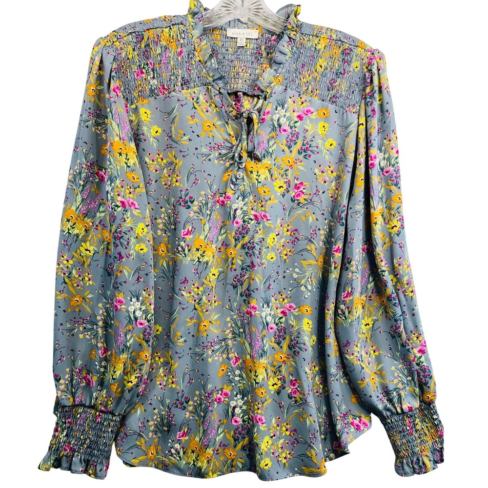 Alex & Lili Blue Floral Smocked Peasant Blouse XL Long Sleeve Ruffle Tie Neck
